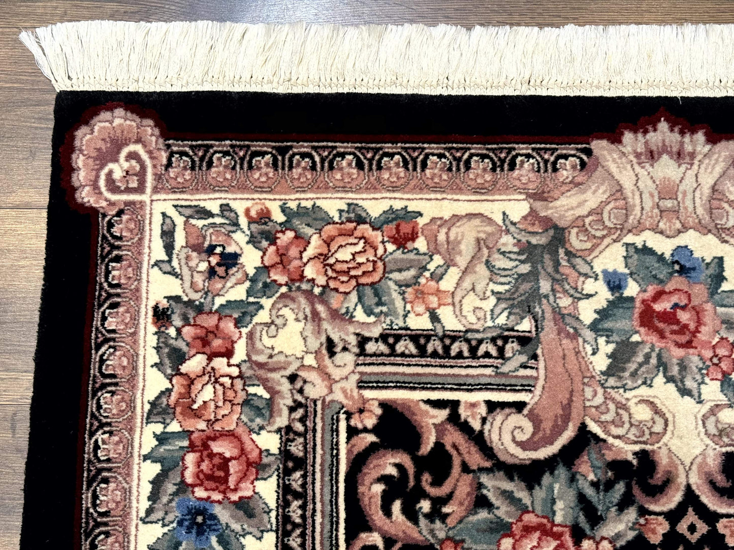 Aubusson Rug 4x6 Hand Knotted Wool Elegant European Floral Design Black Ivory Area Rug