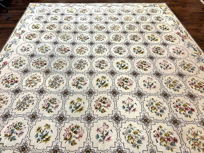 Needlepoint Rug 10x14, Wool Handmade Vintage Needlepoint Carpet, Floral Panel Design, Ivory/Cream