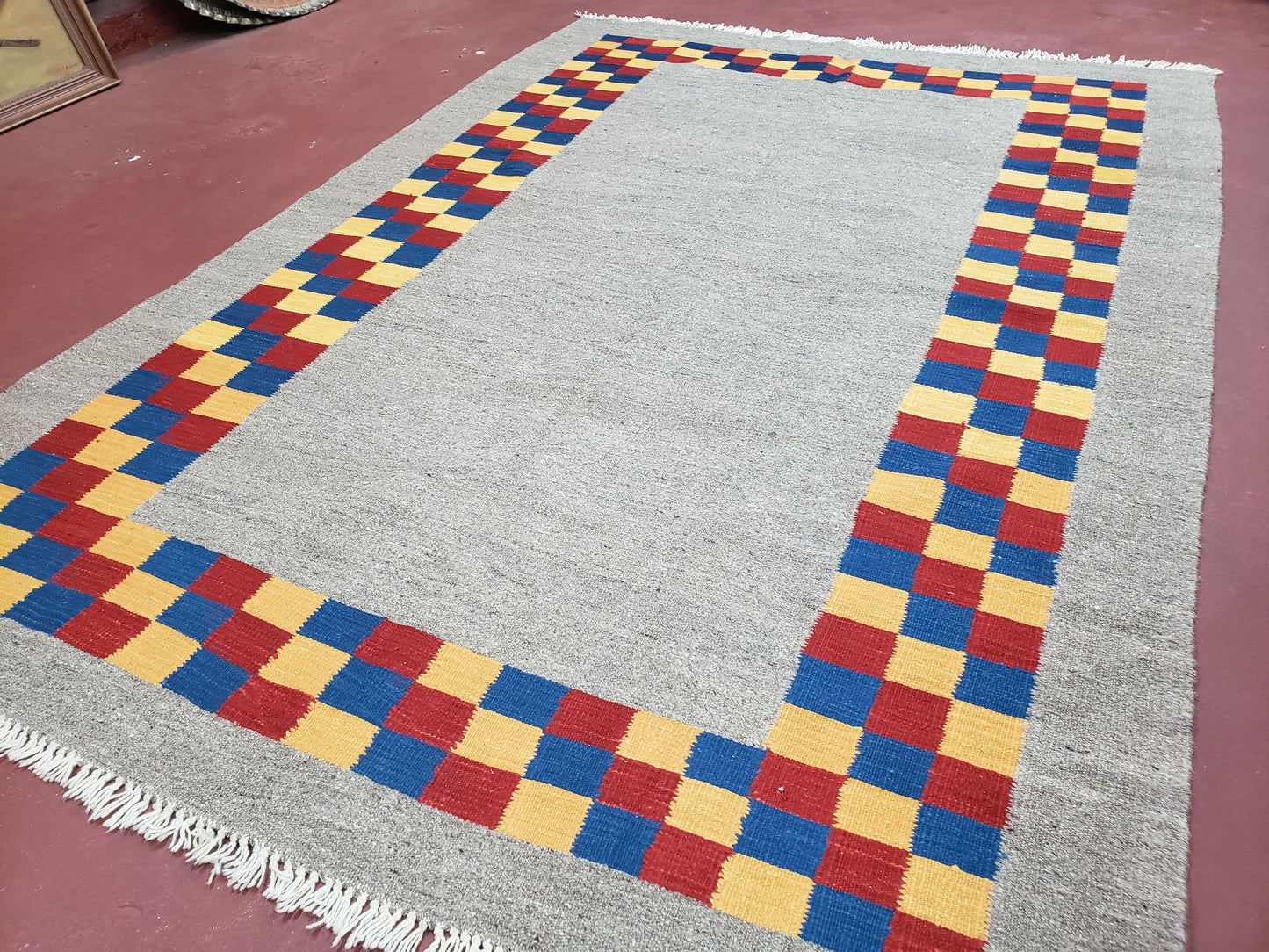 Turkish Kilim Rug Hand Knotted Wool Area Rug 5 Ft 6 In By 8 Ft Gray With Colorful Checker Border