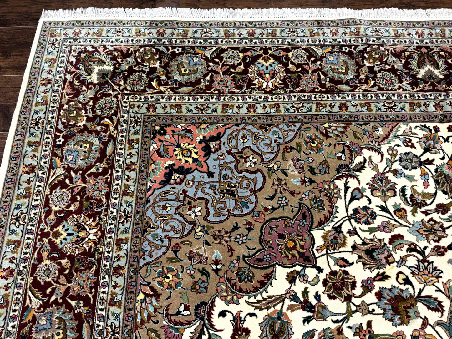 Persian Tabriz Rug Hand Knotted 8x11 Floral Medallion Traditional Area Rug Fine Wool 300 KPSI Ivory Maroon