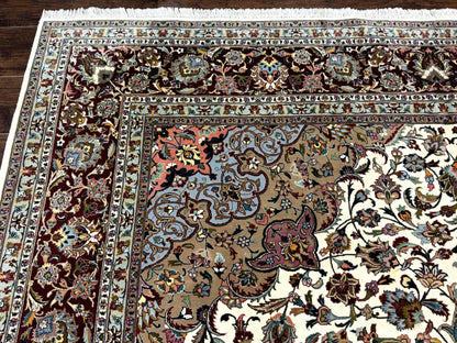 Persian Tabriz Rug Hand Knotted 8x11 Floral Medallion Traditional Area Rug Fine Wool 300 KPSI Ivory Maroon