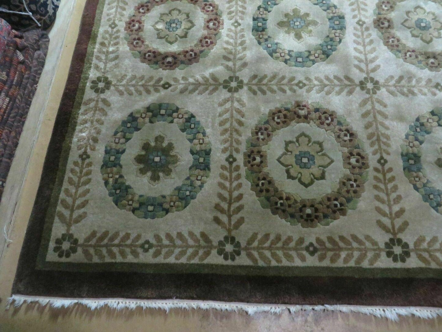 Handmade Wool Rug Indo Lahore 9x12 Modern Art Deco Olive Ivory