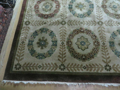 Handmade Wool Rug Indo Lahore 9x12 Modern Art Deco Olive Ivory