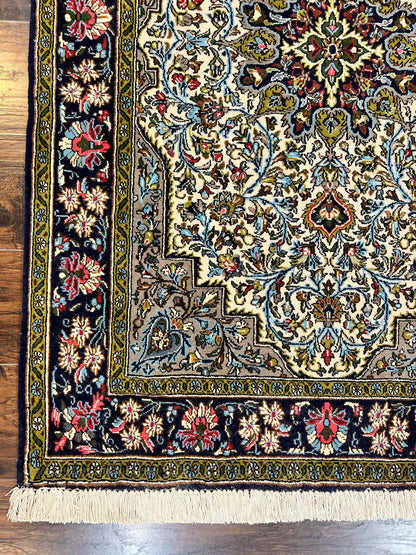 Persian Qum Rug 3x5, Wool with Silk Highlights, Handmade Semi Antique Carpet, Ivory & Navy Blue, Floral Medallion, Finely Hand Knotted
