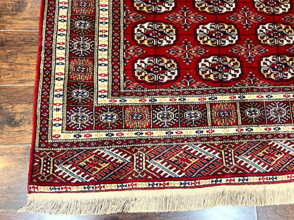 Pakistani Bokhara Rug 4x6, Red Turkoman Carpet, Finely Hand Knotted, Wool Vintage Rug
