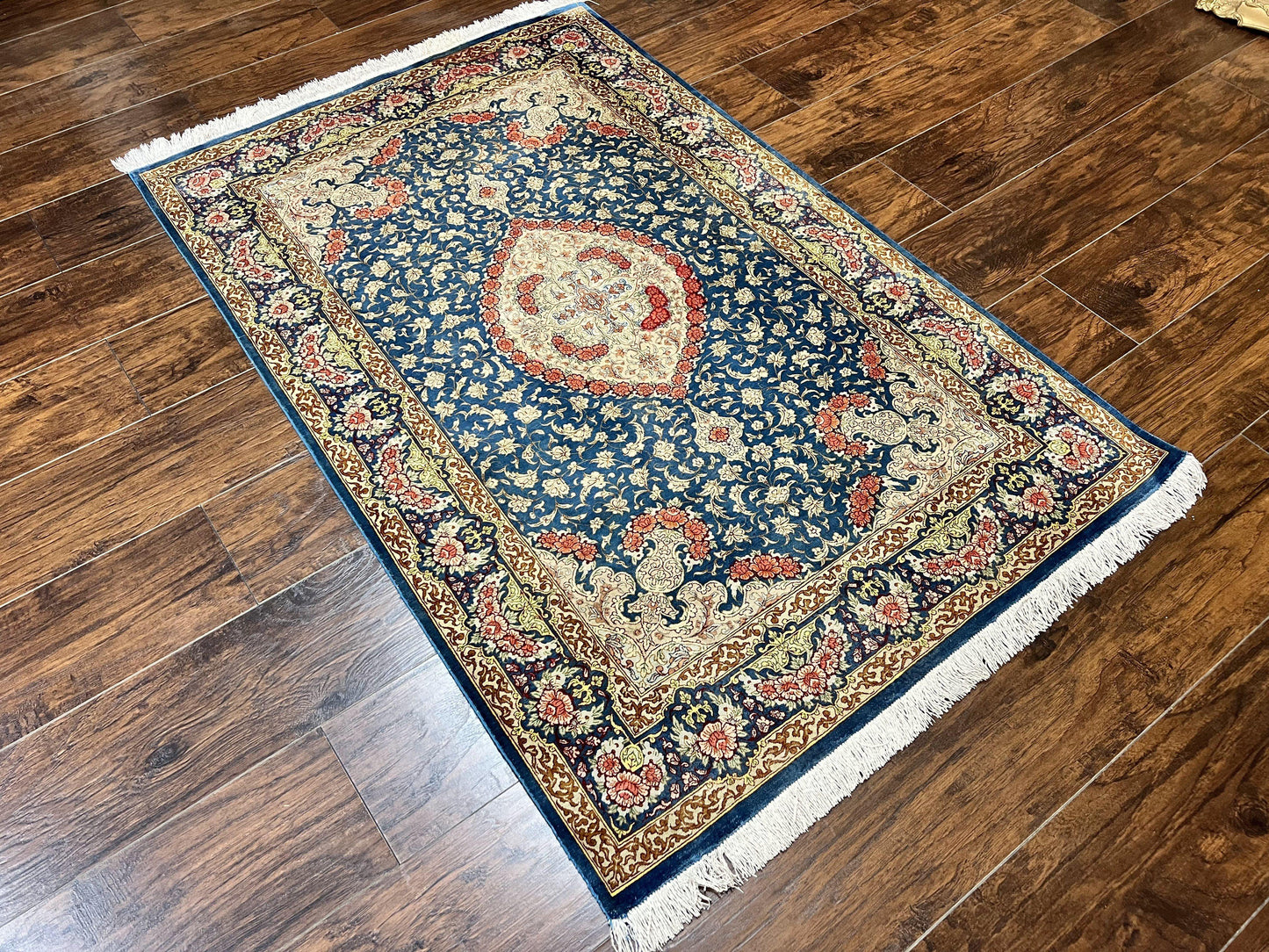 Magnificent Persian Qum Silk Rug 3x5, Blue, Super Fine 675 KPSI - 70 Raj, Floral Roses, Handmade Vintage Silk Carpet, Masterpiece
