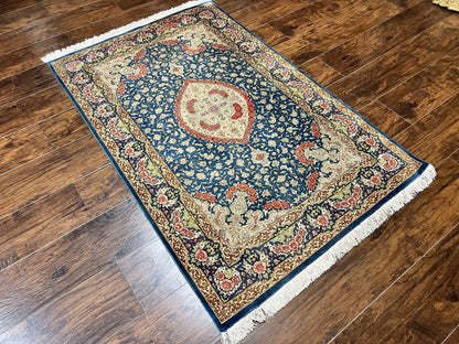 Magnificent Persian Qum Silk Rug 3x5, Blue, Super Fine 675 KPSI - 70 Raj, Floral Roses, Handmade Vintage Silk Carpet, Masterpiece