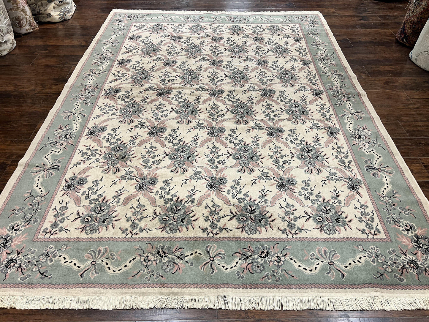 Power Loomed Wool Rug 8x11 Ivory Green Floral Belgium Crafted