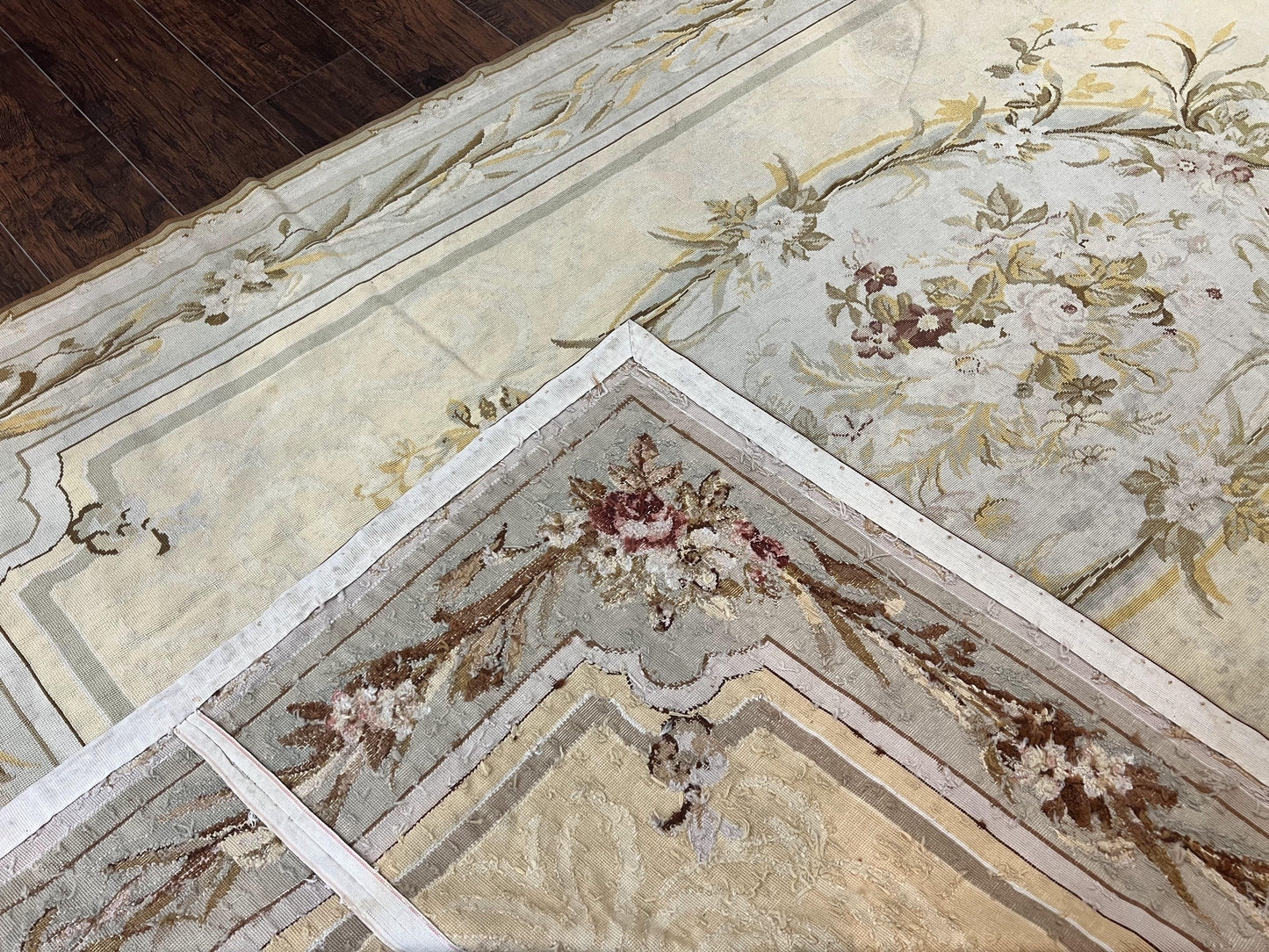 Needlepoint Rug 6x9, Elegant European Design Aubusson Carpet, Vintage Wool Handmade Rug, Light Yellow Ivory