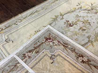 Needlepoint Rug 6x9, Elegant European Design Aubusson Carpet, Vintage Wool Handmade Rug, Light Yellow Ivory