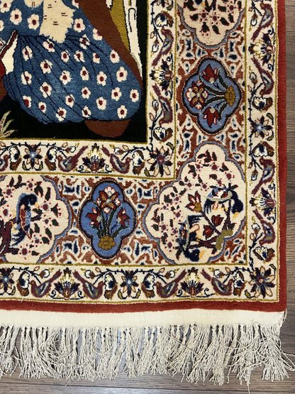 Persian Pictorial Rug Five By Four Feet Isfahan Kork Wool On Silk Foundation Master Weaver Signature Birds And Drums