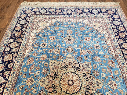 Persian Isfahan Rug Hand Knotted Kork Wool On Silk Foundation Sky Blue Vintage 5 Feet 1 Inch By 7 Feet 8 Inches