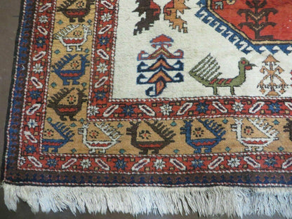Turkish Knotted Wool Rug Vintage 7x10 Birds Animal Ivory Handmade Organic