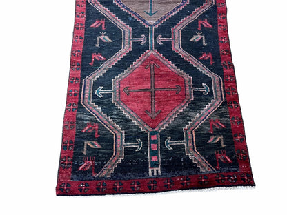 Handmade Wool Tribal Runner Rug 3X7 Geometric Boho Red Blue Organic Dyes