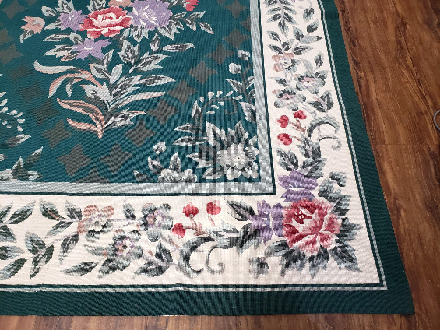 Chinese Needlepoint Rug 8x10 Vintage Green Handwoven Wool Carpet European Floral Living Room Rug