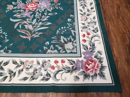 Chinese Needlepoint Rug 8x10 Vintage Green Handwoven Wool Carpet European Floral Living Room Rug