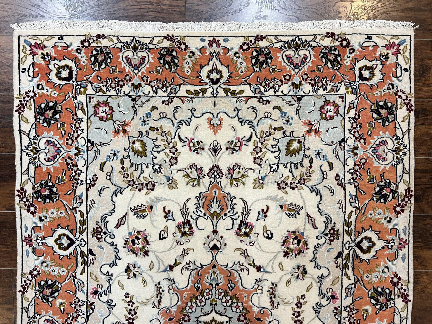 Persian Tabriz Rug 4.5  x 6.8, Finely Hand Knotted Wool with Silk Highlights Vintage Oriental Carpet, Cream and Salmon, High KPSI, Floral Medallion