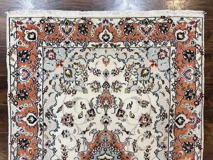 Persian Tabriz Rug 4.5  x 6.8, Finely Hand Knotted Wool with Silk Highlights Vintage Oriental Carpet, Cream and Salmon, High KPSI, Floral Medallion
