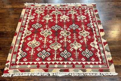 Indian Kilim Rug 6x6 Square Flatweave Wool Carpet Vintage Handmade Red