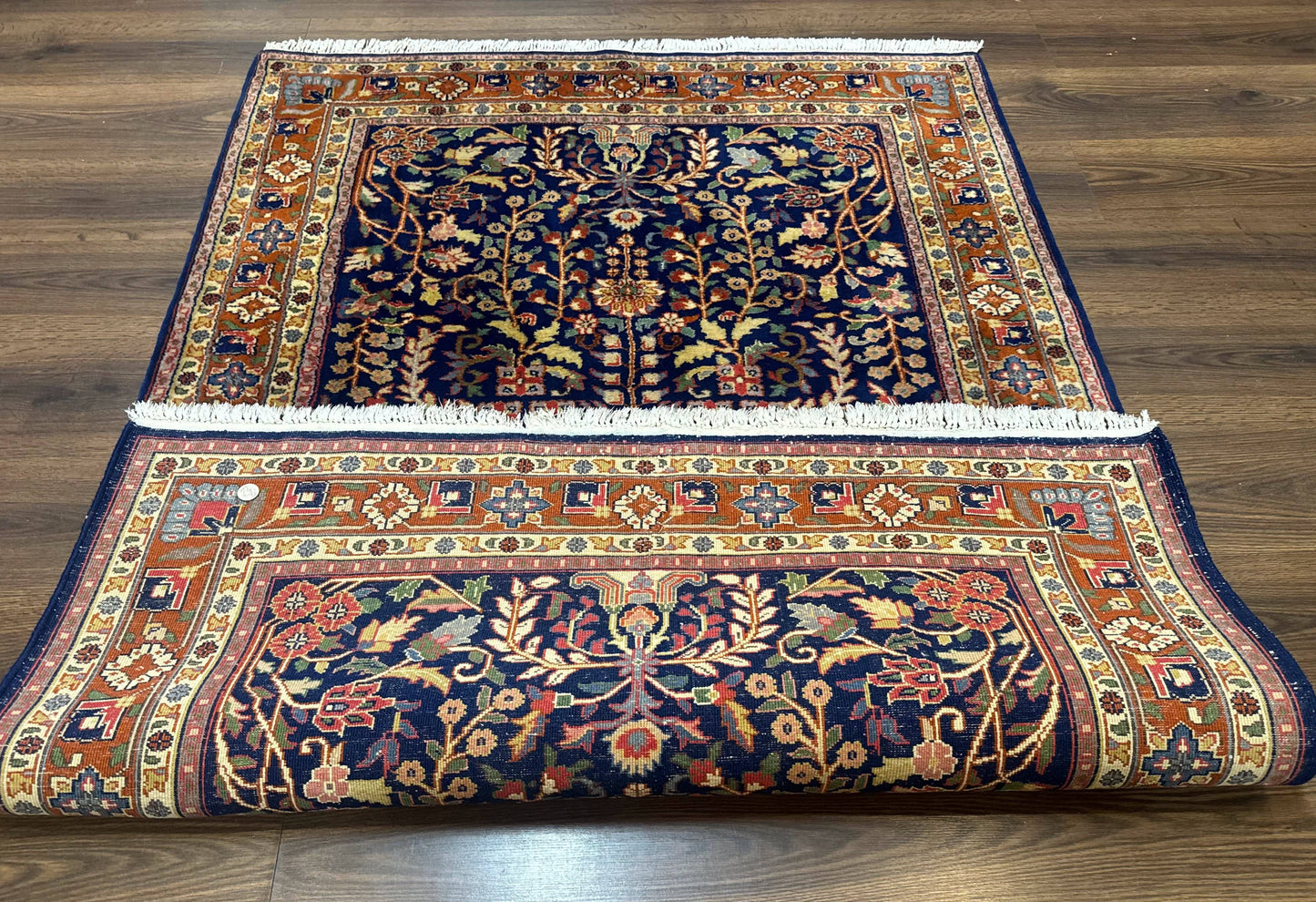 Indo Persian Sarouk Rug 4x6, Blue and Rust Red