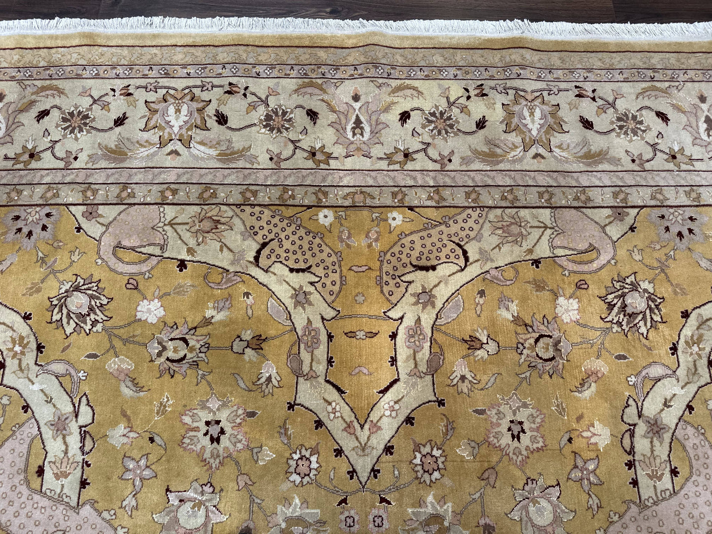 Sino Persian Rug 8x11, Wool with Silk Highlights, Unique Colors, Gold and Light Green, Fine 240 KPSI