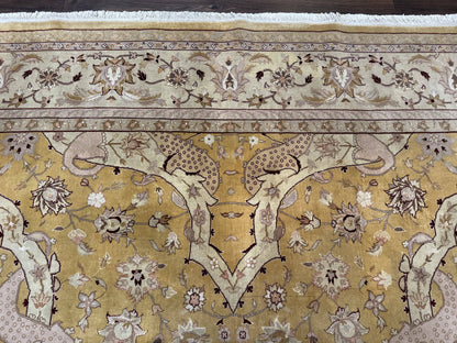 Sino Persian Rug 8x11, Wool with Silk Highlights, Unique Colors, Gold and Light Green, Fine 240 KPSI