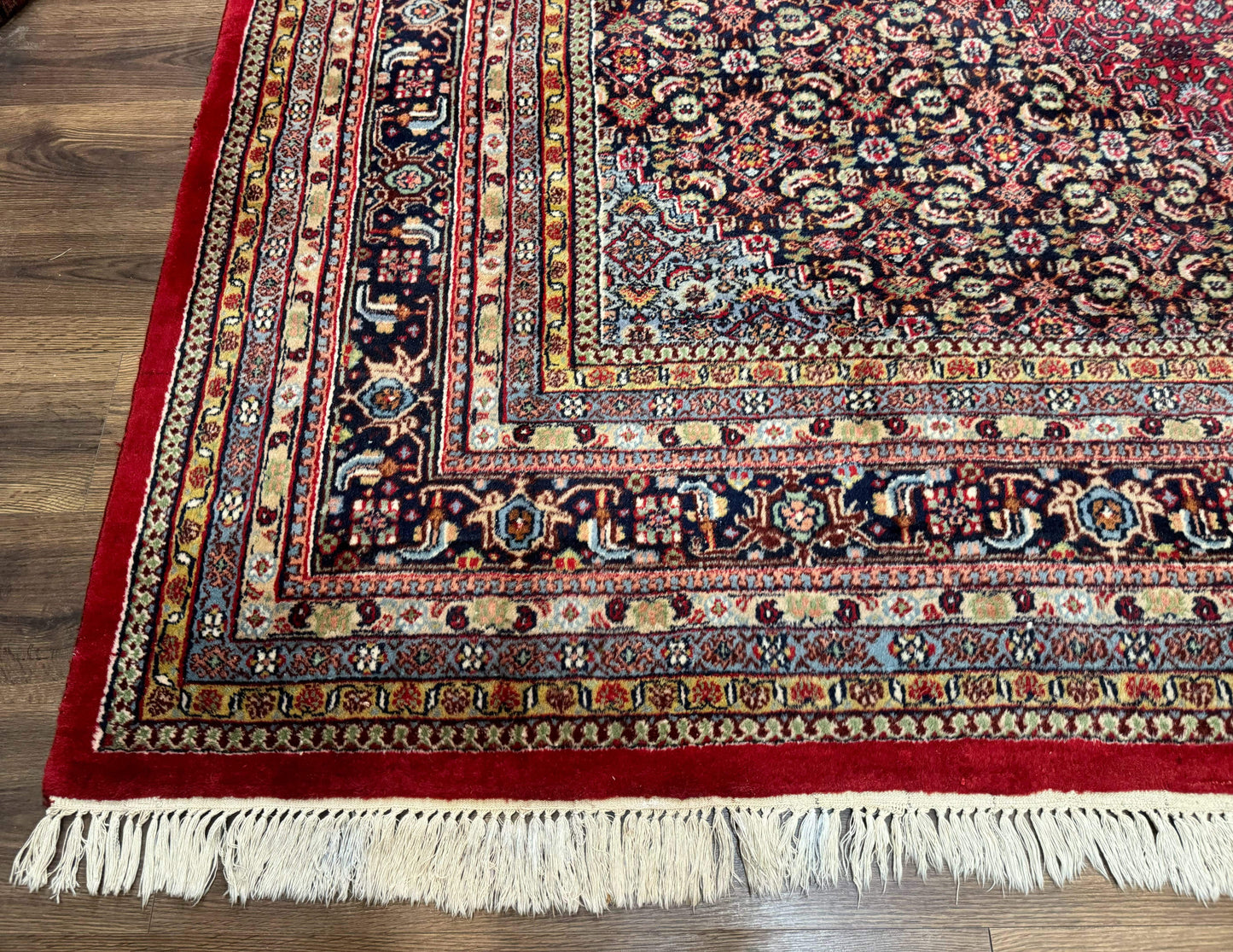 Indo Persian Bidjar Rug 10x14 Red And Dark Blue Herati Mahi Pattern Vintage