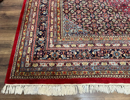Indo Persian Bidjar Rug 10x14 Red And Dark Blue Herati Mahi Pattern Vintage
