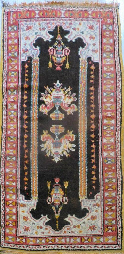 Antique Moroccan Runner Rug 3x7, Moroccan Prayer Rug, Double Mehrab Prayer Arches, Black and Red, Hand-Knotted Wool Carpet, Hallway Rug Nice