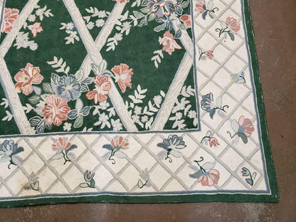 Hand Stitched Indian Wool Rug 3 Ft 6 In By 5 Ft 6 In Green Beige Backing Vintage 1980s