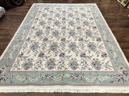 Power Loomed Wool Rug 8x11 Ivory Green Floral Belgium Crafted