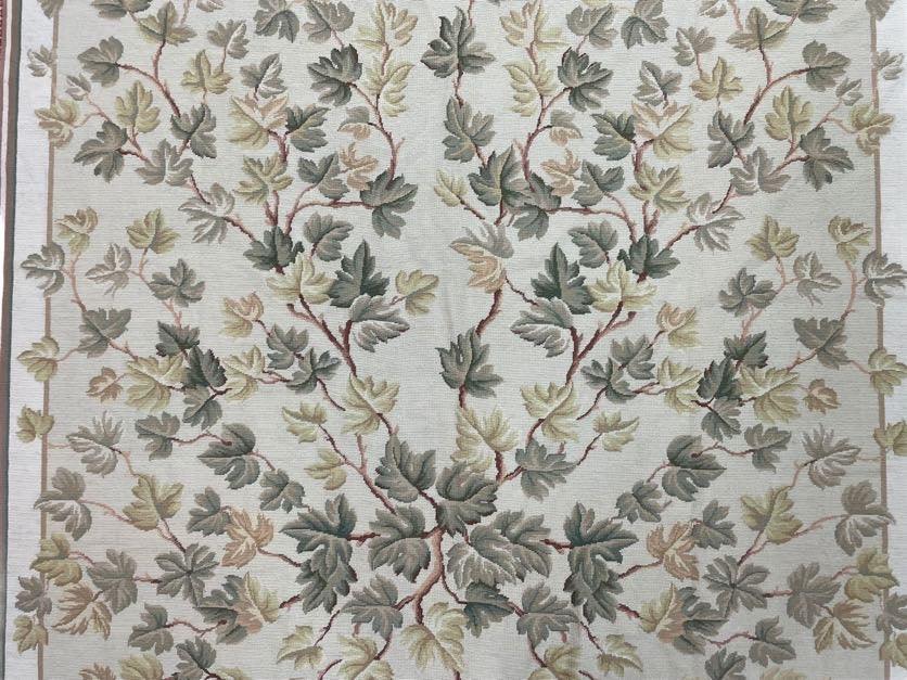 Aubusson Needlepoint Rug Traditional 9x12 Handmade Wool Floral Cream Green Maroon