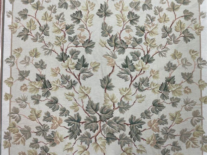 Aubusson Needlepoint Rug Traditional 9x12 Handmade Wool Floral Cream Green Maroon