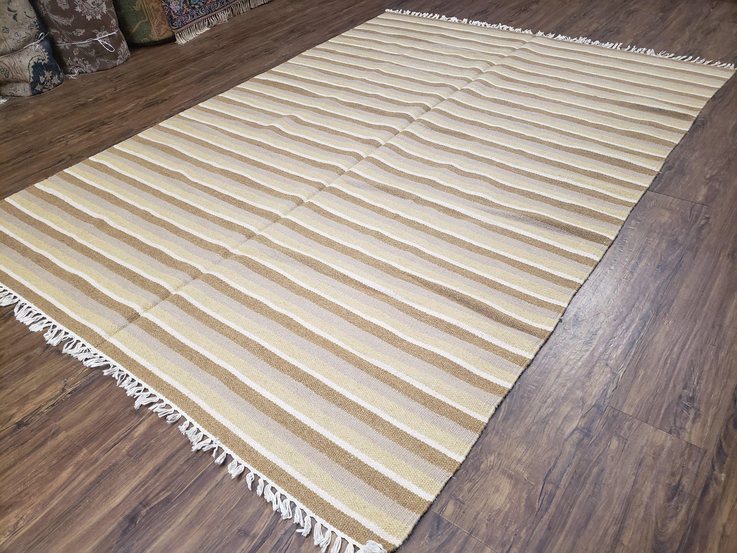 New Indian Striped Blanket, Multicolor Earthern Tones Kilim Rug, Wool Handmade South American Style Blanket, Queen Sized Bedspread 5x8 - 6x8