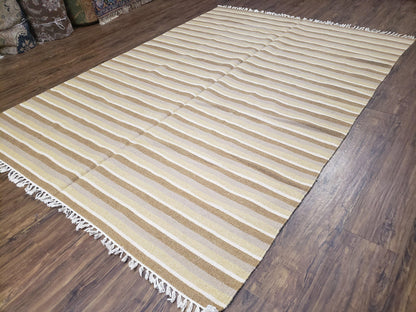 New Indian Striped Blanket, Multicolor Earthern Tones Kilim Rug, Wool Handmade South American Style Blanket, Queen Sized Bedspread 5x8 - 6x8