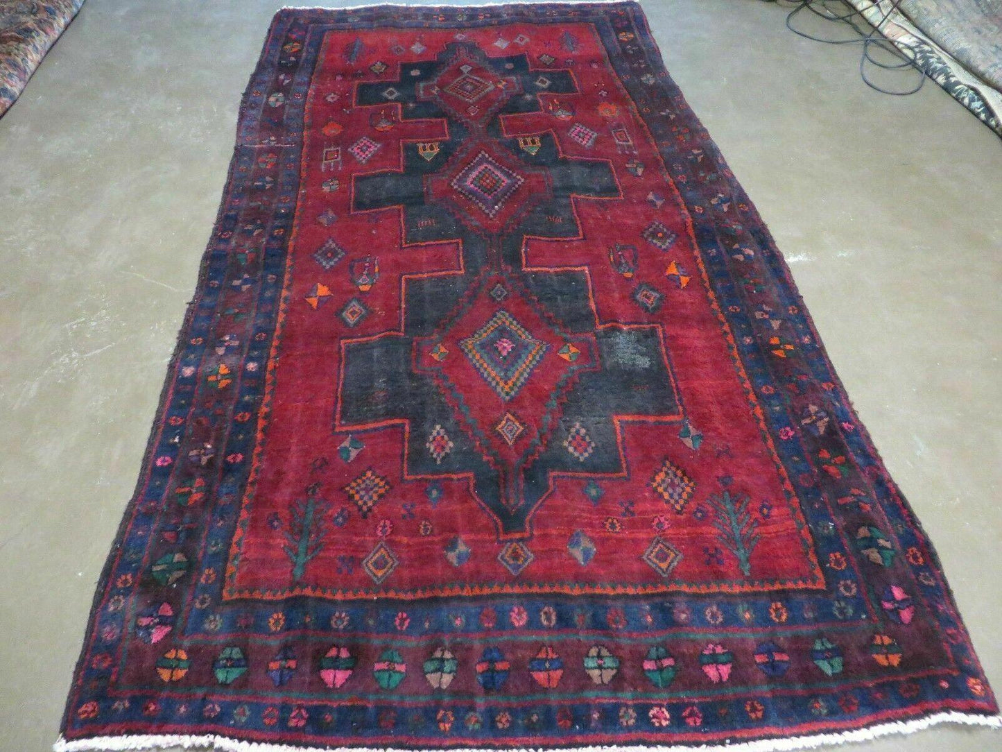 Antique Handmade Wool Rug India Geometric Oriental Vegetable Dyes 4x8 Vintage