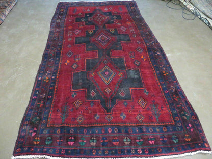 Antique Handmade Wool Rug India Geometric Oriental Vegetable Dyes 4x8 Vintage