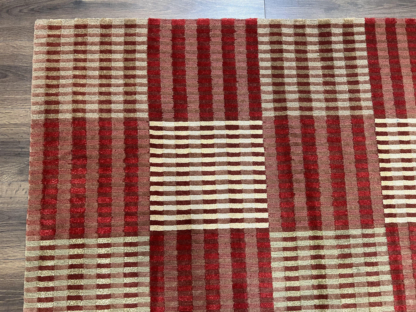 Modern Tibetan Rug 8x10, Hand Knotted Contemporary Nepali Carpet 8 x 10, Checkerboard Design, Red Cream Light Brown, Very Fine Wool & Silk