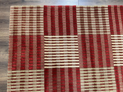 Modern Tibetan Rug 8x10, Hand Knotted Contemporary Nepali Carpet 8 x 10, Checkerboard Design, Red Cream Light Brown, Very Fine Wool & Silk
