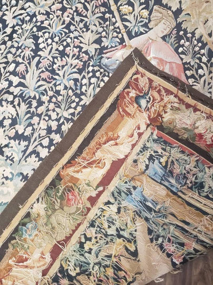 Vintage European Tapestry Aubusson Weave Wool Wall Hanging Courtship Scene Animals