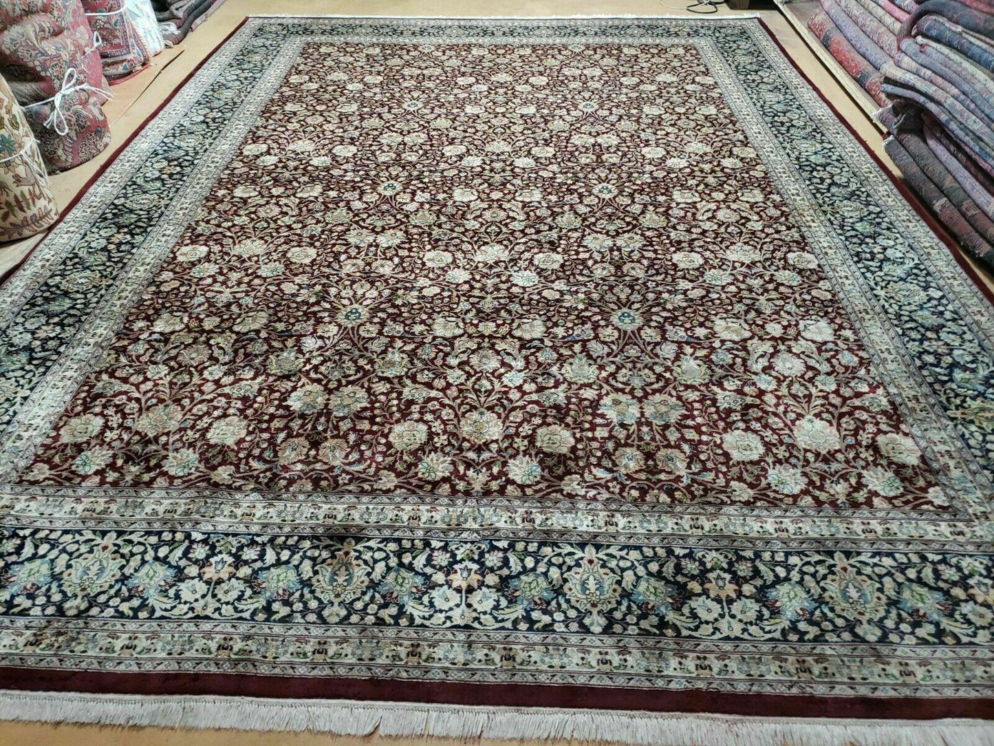 Handmade Sino Persian Rug 9x12 Floral Allover Tabriz Design Maroon And Navy