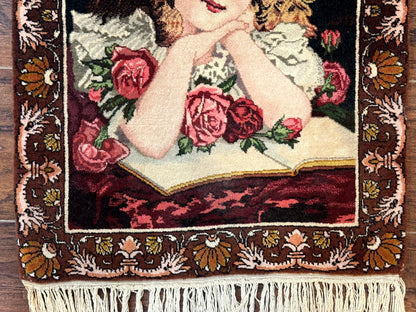 Persian Pictorial Rug Small Tabriz With Roses Portrait Of A Young Lady Handmade Wall Hanging