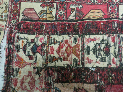 Vintage Russian Kilim Rug Handmade Flat Weave Soumak Silk Wool 4x6 Roosters Birds