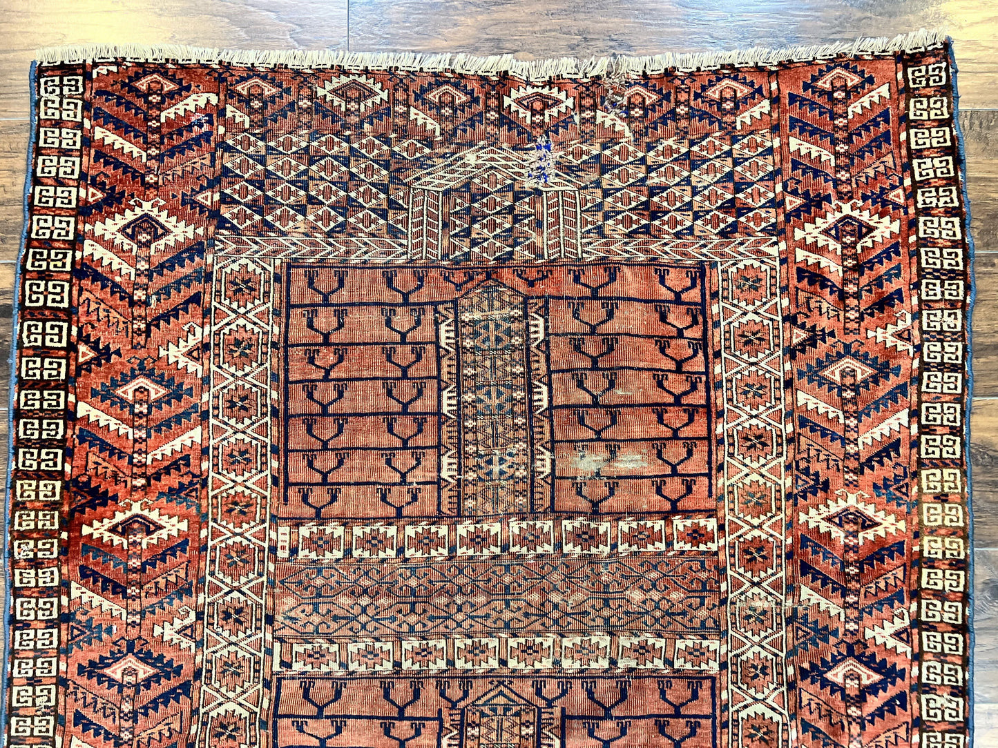 Turkoman Rug Antique Hatchli Wool Handmade 4x4 Four Season Yamud Design Red Bohemian Engsi Tekkeh