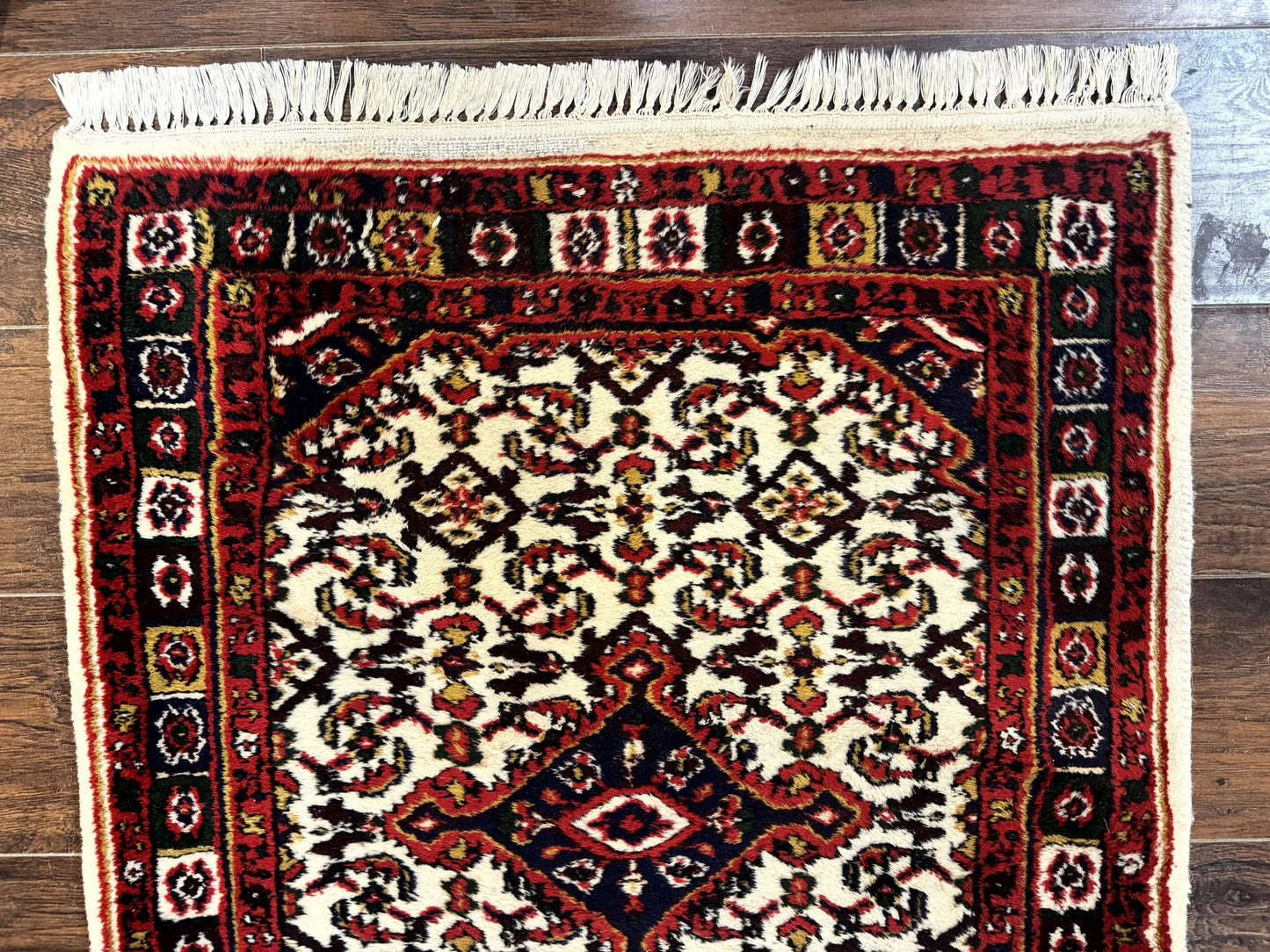 Indo Persian Bidjar Runner Rug 2.8 x 10, Vintage Rug for Hallway, 10ft Runner, Wool Handmade Ivory and Red, Medallions