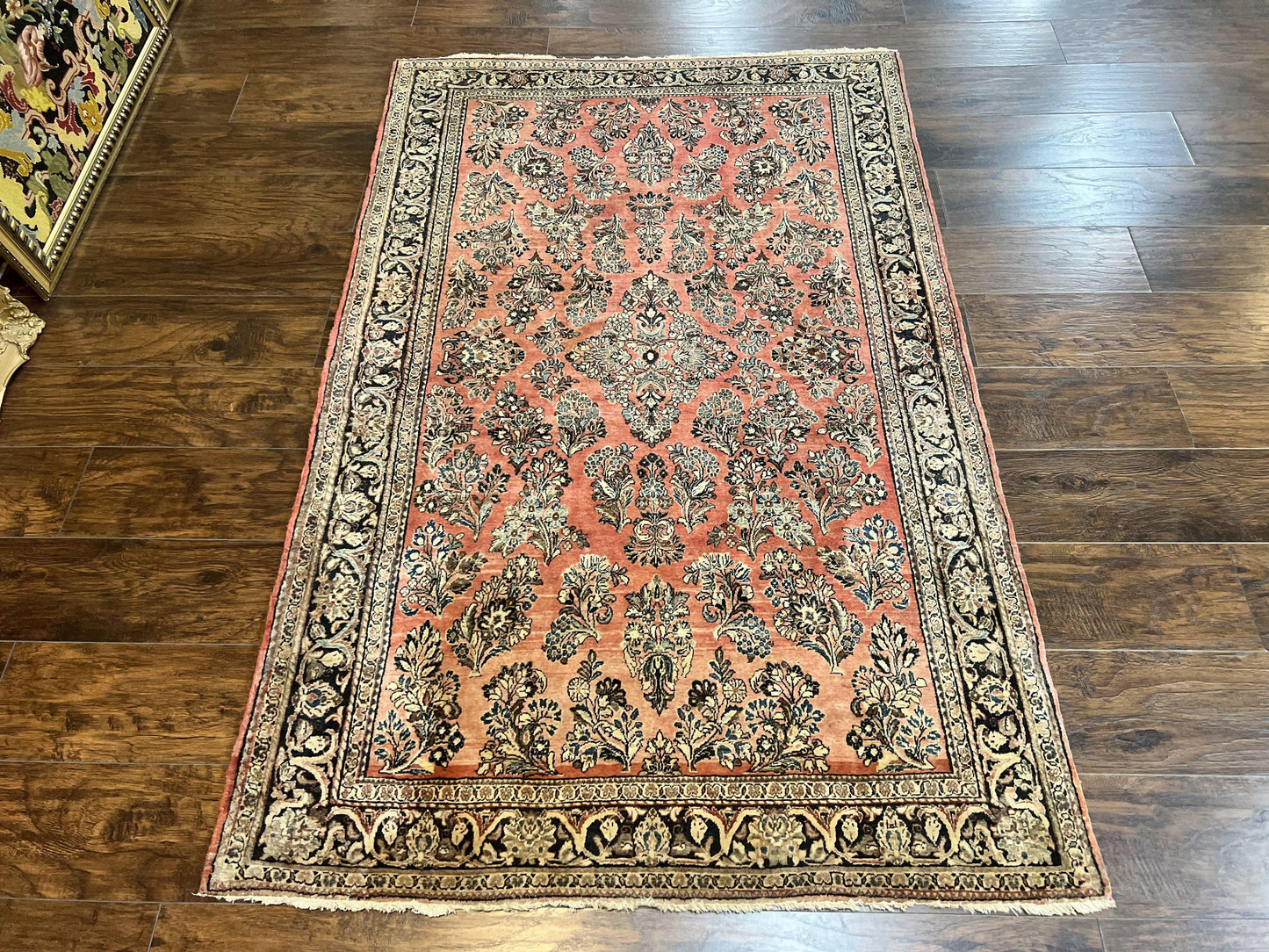 Antique Persian Sarouk Rug 4x7, Hand Knotted Wool Red Persian Carpet, Floral, Fine 300 KPSI