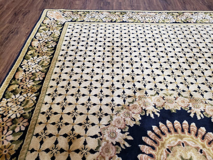 Indo Tibetan Wool Rug Handmade 6x8 Floral Border In Black Cream