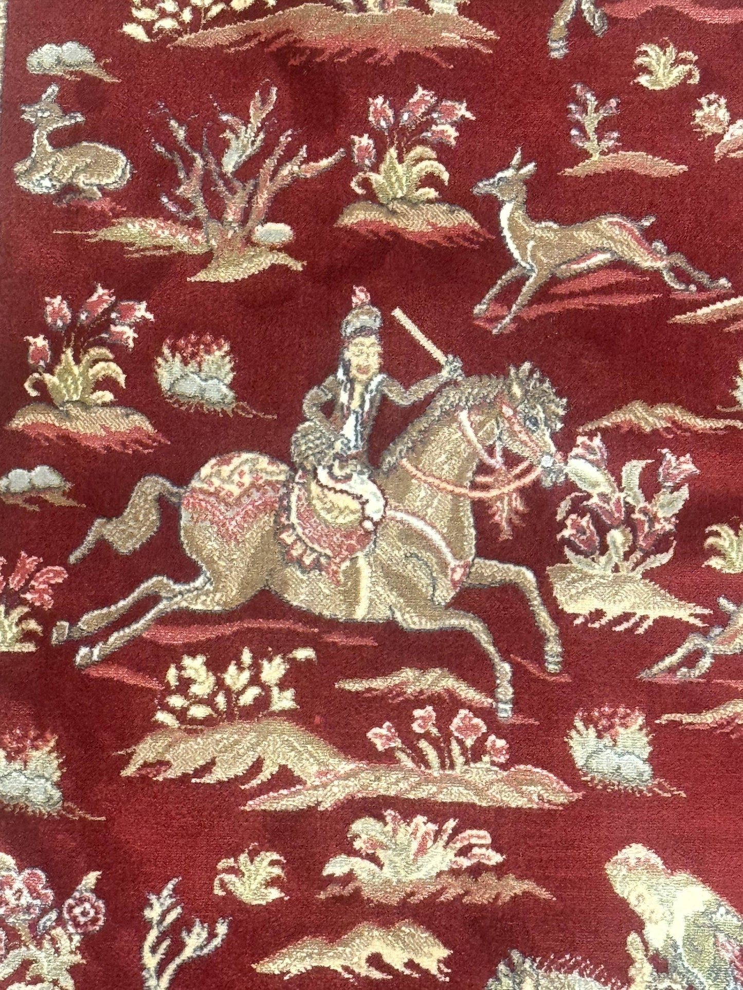 Turkish Silk Rug 2.6 x 6.7, Hunting Design, Short Runner Rug, Red & Ivory, Bamboo Silk, New