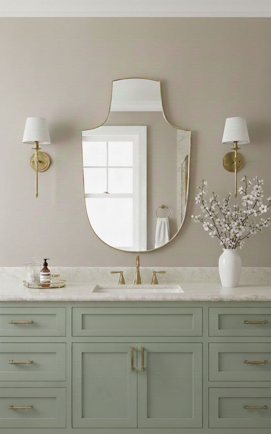 Arch-top shield brass mirror with wall sconces above vanity
