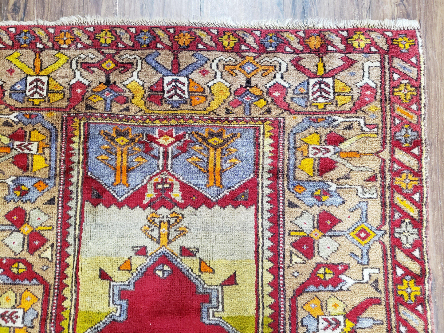 Antique Turkish Prayer Rug Handwoven Wool 3.8 By 5 Feet Colorful Red Blue Gold Anatolian Carpet
